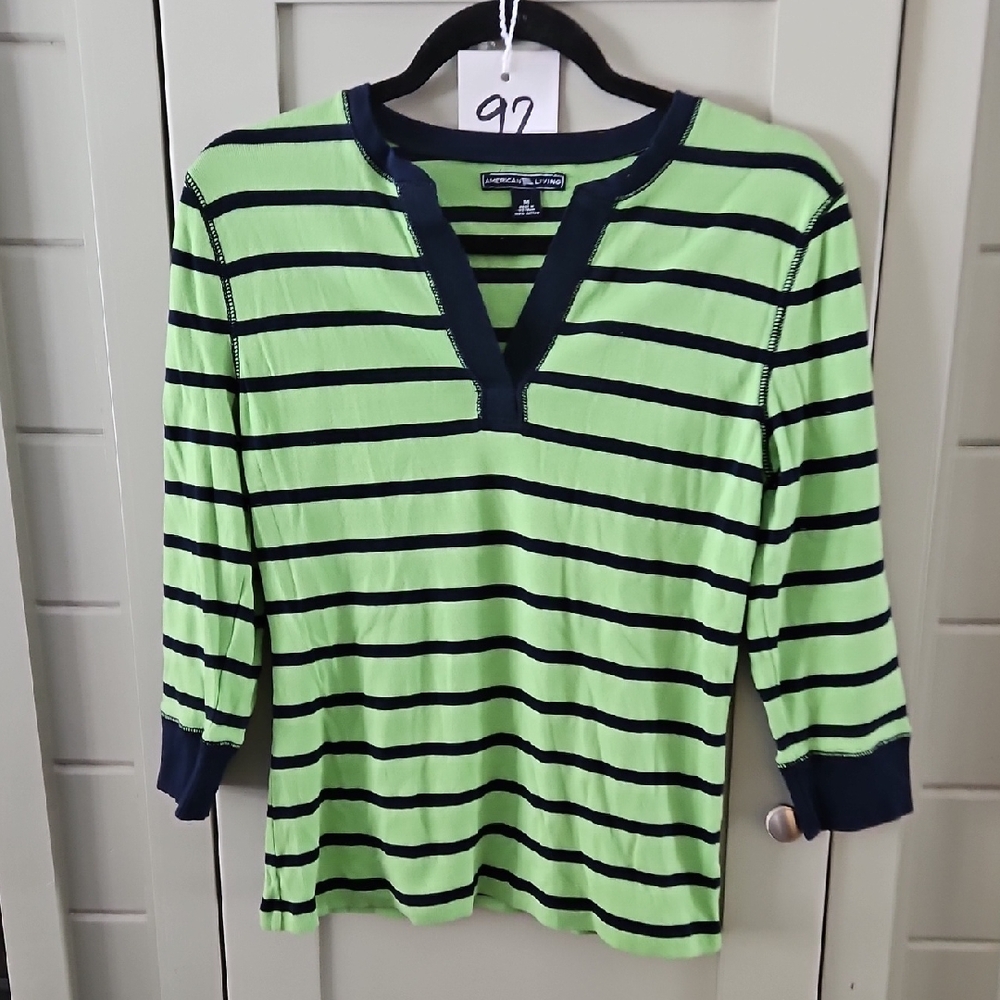 #82 American Living Green/Navy Striped Jersey Top 3/4 Sleeve 100% Cotton Sz.Med.